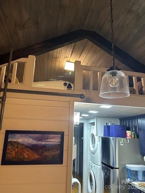 623 Overlook Dr, Spruce Pine, NC 28777 - laundry area with stacked washing machine and dryer and wood ceiling