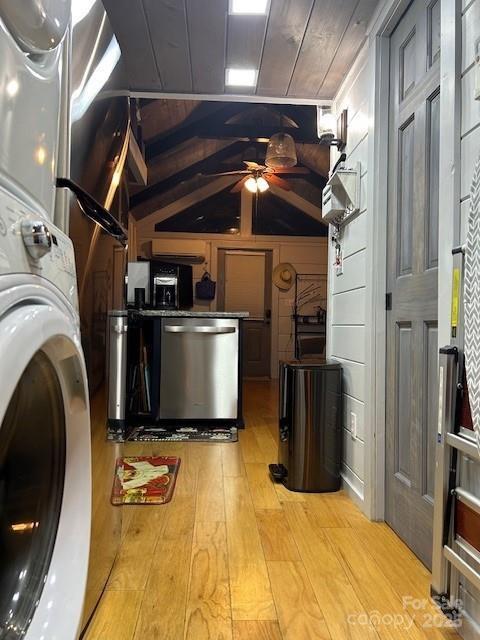623 Overlook Dr, Spruce Pine, NC 28777 - kitchen with dishwasher, stacked washer / dryer, ceiling fan, hardwood / wood-style flooring, and wooden ceiling