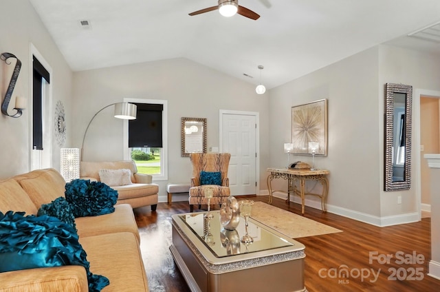 204 Craig St, Mount Holly, NC 28120 - living area featuring wood finished floors, a ceiling fan, vaulted ceiling, and baseboards