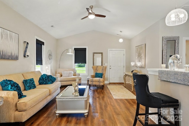 204 Craig St, Mount Holly, NC 28120 - living area featuring vaulted ceiling, dark wood-type flooring, and ceiling fan
