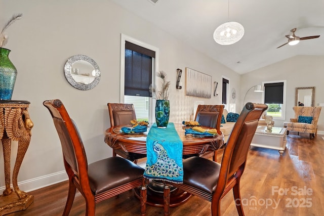 204 Craig St, Mount Holly, NC 28120 - dining area with lofted ceiling, wood finished floors, baseboards, a ceiling fan, and a chandelier