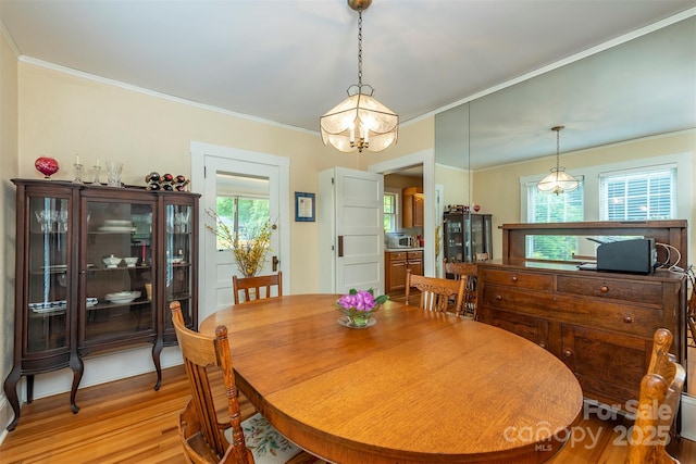108 Connally St, Black Mountain, NC 28711 - dining space with light wood-style floors, plenty of natural light, ornamental molding, and a chandelier