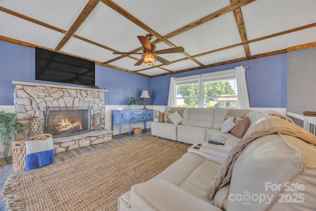 1 Plaza Dr, Granite Falls, NC 28630 - living room with a wainscoted wall, ceiling fan, coffered ceiling, a fireplace, and wood finished floors