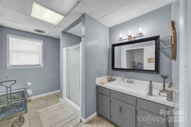1 Plaza Dr, Granite Falls, NC 28630 - full bath featuring vanity, a shower stall, a drop ceiling, and baseboards