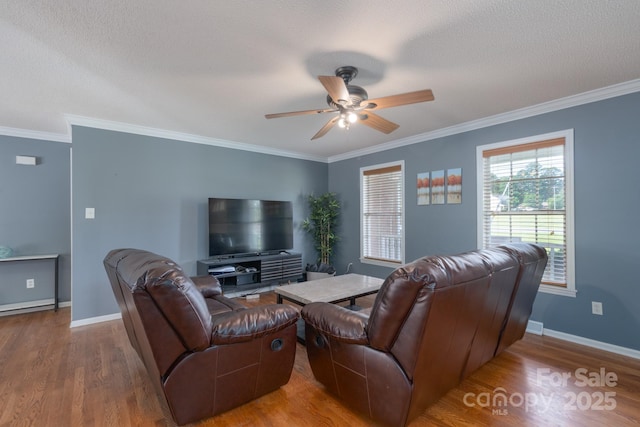 500 Belleview Rd, Rock Hill, SC 29730 - living room with ceiling fan, wood finished floors, crown molding, baseboards, and a textured ceiling