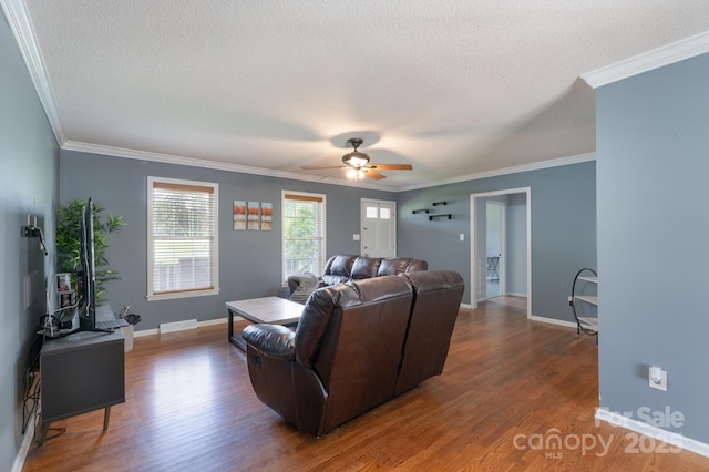 500 Belleview Rd, Rock Hill, SC 29730 - living room with ceiling fan, wood finished floors, baseboards, ornamental molding, and a textured ceiling