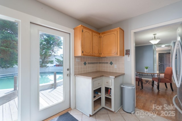 500 Belleview Rd, Rock Hill, SC 29730 - kitchen with light countertops, freestanding refrigerator, and tasteful backsplash
