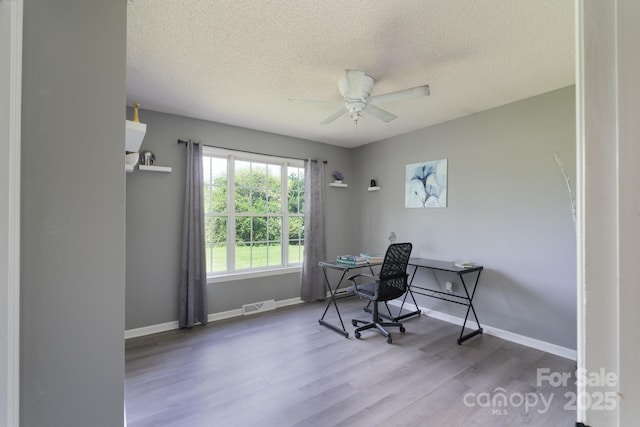 500 Belleview Rd, Rock Hill, SC 29730 - home office with a textured ceiling, wood finished floors, a ceiling fan, and baseboards