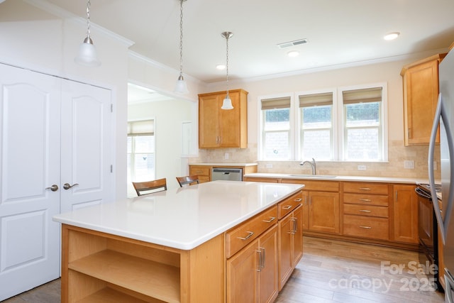 238 Cherrytree Dr, Fort Mill, SC 29715 - kitchen with ornamental molding, a sink, open shelves, healthy amount of natural light, and light countertops