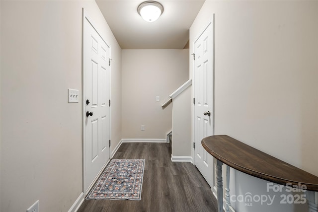 415 Kickapoo Ave, Gastonia, NC 28056 - doorway to outside with dark wood finished floors, baseboards, and stairs