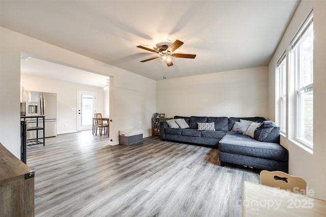 415 Kickapoo Ave, Gastonia, NC 28056 - living room with wood finished floors, a ceiling fan, and baseboards