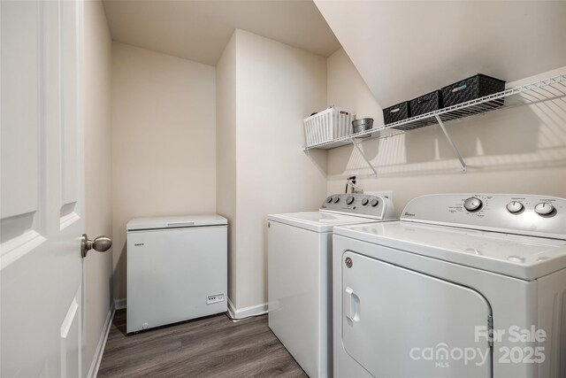 415 Kickapoo Ave, Gastonia, NC 28056 - laundry room with separate washer and dryer, dark wood-style flooring, and baseboards