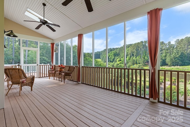 5487 Back Shore Dr, Granite Falls, NC 28630 - sunroom / solarium with a ceiling fan, vaulted ceiling, and a wooded view