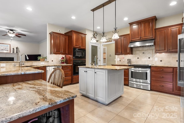 5487 Back Shore Dr, Granite Falls, NC 28630 - kitchen featuring exhaust hood, black appliances, a sink, decorative backsplash, and ceiling fan