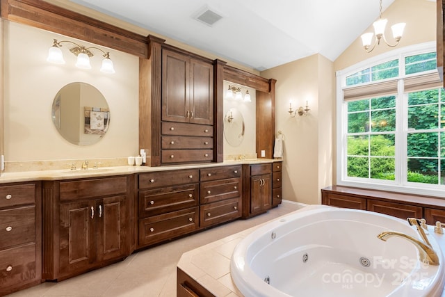 5487 Back Shore Dr, Granite Falls, NC 28630 - full bath featuring double vanity, vaulted ceiling, a whirlpool tub, a chandelier, and tile patterned flooring