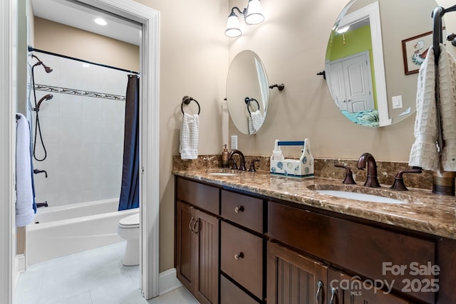 5487 Back Shore Dr, Granite Falls, NC 28630 - full bath featuring double vanity, tile patterned floors, toilet, shower / bath combination with curtain, and baseboards