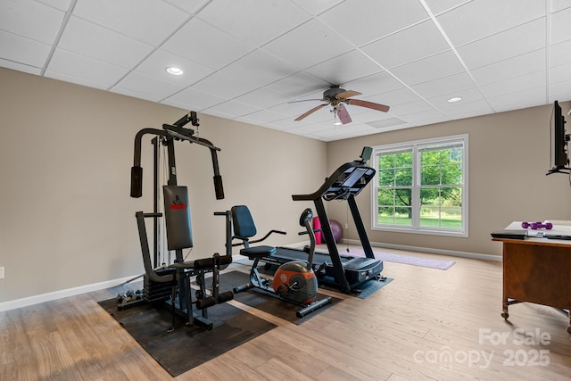 5487 Back Shore Dr, Granite Falls, NC 28630 - exercise area with wood finished floors, ceiling fan, baseboards, a paneled ceiling, and recessed lighting