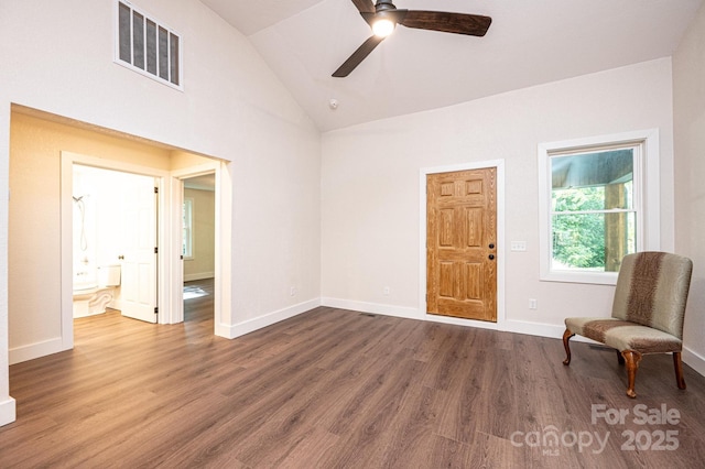 2448 Alfred Hartley Rd, Lenoir, NC 28645 - unfurnished room with a ceiling fan, wood finished floors, baseboards, and high vaulted ceiling