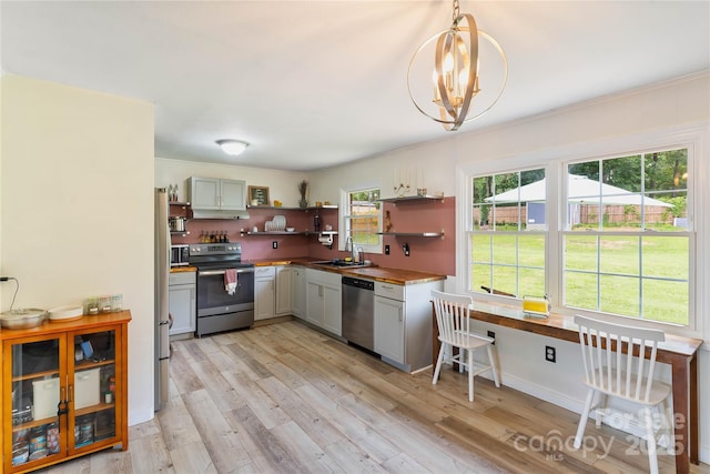 381 Mountain View St, Forest City, NC 28043 - kitchen featuring appliances with stainless steel finishes, open shelves, a sink, gray cabinetry, and light wood-type flooring