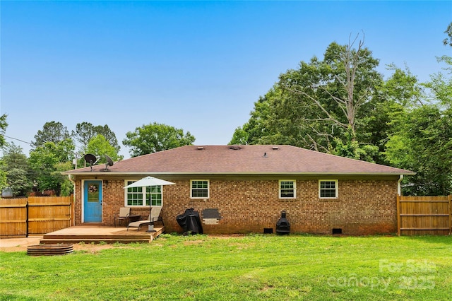381 Mountain View St, Forest City, NC 28043 - rear view of property featuring crawl space, a deck, roof with shingles, and brick siding