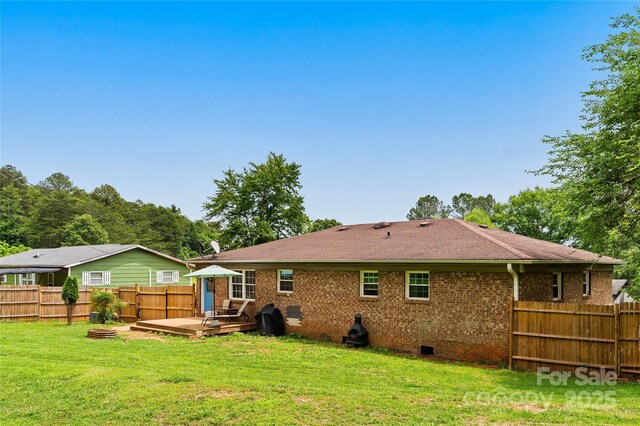 381 Mountain View St, Forest City, NC 28043 - rear view of house featuring a wooden deck, crawl space, brick siding, and a shingled roof