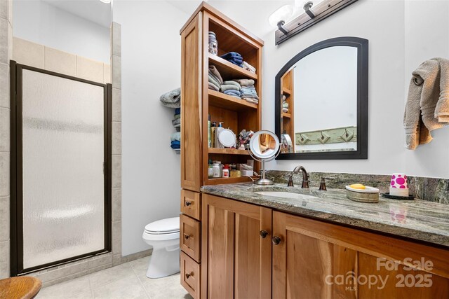 2160 Valle Cay Dr, Vilas, NC 28692 - bathroom featuring a stall shower, vanity, toilet, and tile patterned floors
