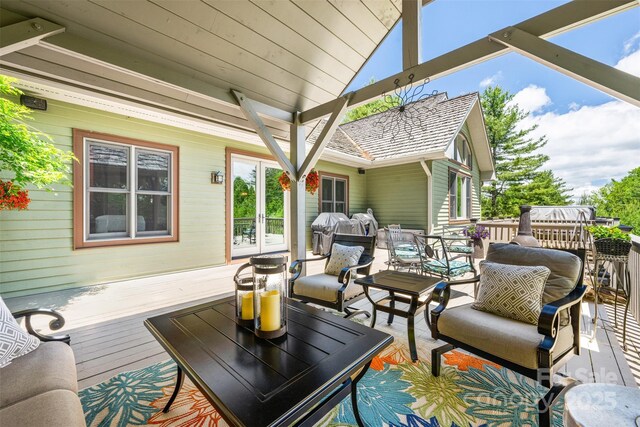 2160 Valle Cay Dr, Vilas, NC 28692 - wooden terrace with an outdoor living space, french doors, and outdoor dining space