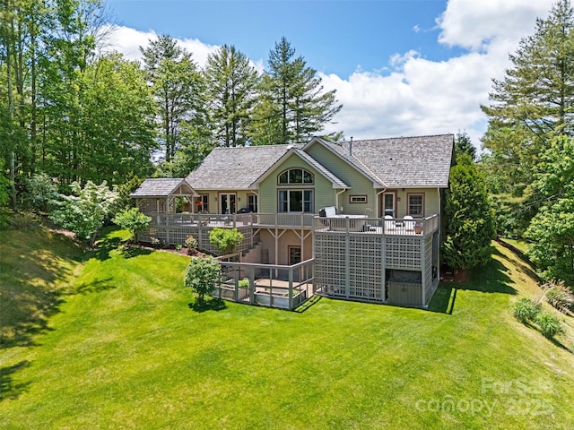 2160 Valle Cay Dr, Vilas, NC 28692 - back of property with a wooden deck, a lawn, stairs, and a hot tub