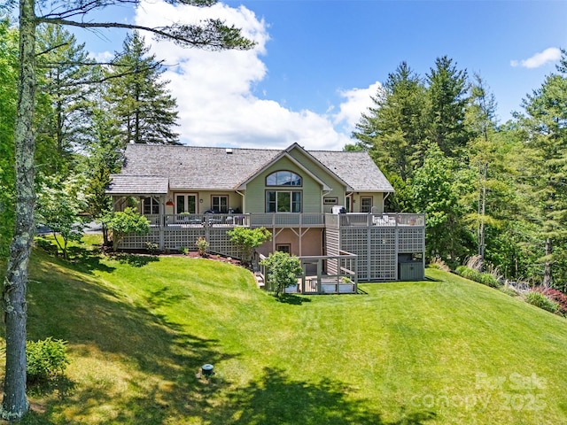 2160 Valle Cay Dr, Vilas, NC 28692 - rear view of property with stairs, a lawn, and a wooden deck