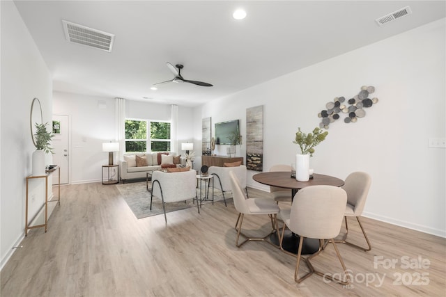2313 Stallings Rd, Harrisburg, NC 28075 - dining space with light wood-style floors, ceiling fan, baseboards, and recessed lighting