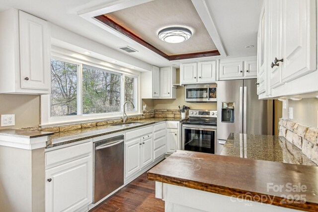 231 Highlands Loop, Maggie Valley, NC 28751 - kitchen with appliances with stainless steel finishes, a sink, a tray ceiling, dark countertops, and white cabinets