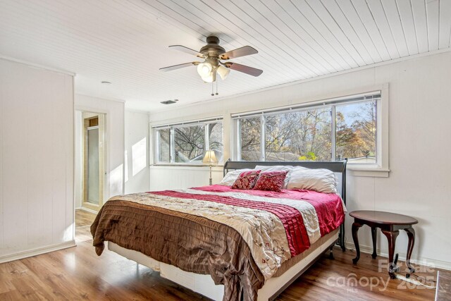 231 Highlands Loop, Maggie Valley, NC 28751 - bedroom with wooden ceiling, wood finished floors, a ceiling fan, and baseboards