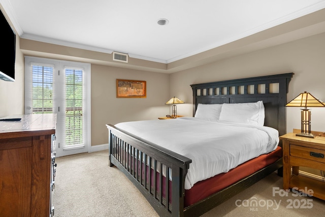 408 Bowling Park Rd, Asheville, NC 28803 - bedroom featuring light carpet, access to exterior, crown molding, and baseboards