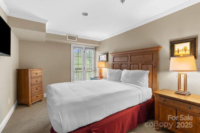 408 Bowling Park Rd, Asheville, NC 28803 - bedroom featuring light carpet, access to outside, ornamental molding, and baseboards