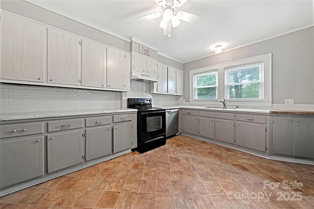 725 W Graham St, Shelby, NC 28150 - kitchen with black / electric stove, gray cabinets, crown molding, stainless steel dishwasher, and under cabinet range hood