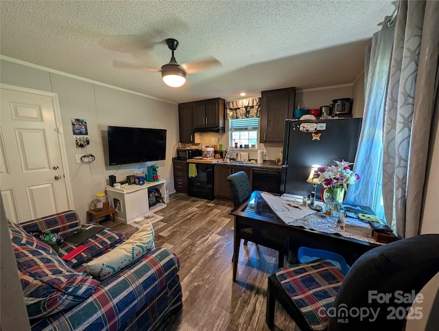 8827 Spring Meadow Dr, Hickory, NC 28601 - living area with ornamental molding, dark wood-style floors, a textured ceiling, and a ceiling fan