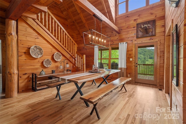 101 Trinity Dr, Clyde, NC 28721 - dining area featuring stairway, wooden ceiling with exposed beams, wooden walls, plenty of natural light, and wood finished floors