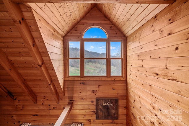 101 Trinity Dr, Clyde, NC 28721 - detailed view of wood ceiling with exposed beams and wood walls