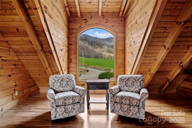 101 Trinity Dr, Clyde, NC 28721 - sitting room with wooden walls, a mountain view, wood-type flooring, and wooden ceiling