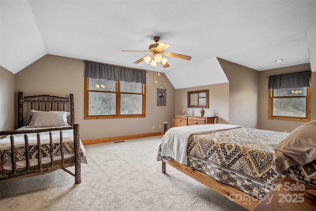 101 Trinity Dr, Clyde, NC 28721 - bedroom with vaulted ceiling, carpet, baseboards, and ceiling fan