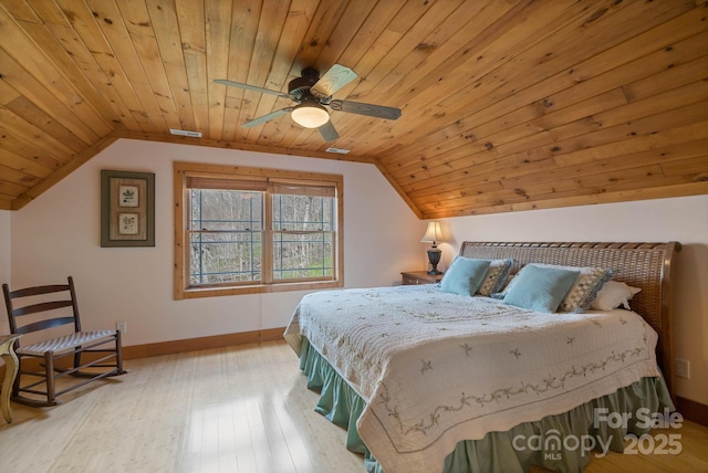 140 Spruce Hollow Rd, Beech Mountain, NC 28604 - bedroom with wood ceiling, lofted ceiling, baseboards, wood finished floors, and ceiling fan