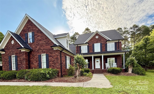 4230 Berry Hill Ct, Concord, NC 28025 - traditional-style house featuring a porch, a front yard, brick siding, and roof with shingles
