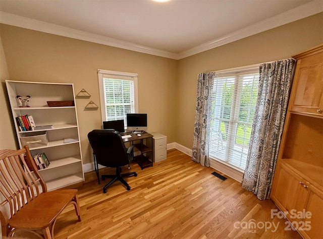 4230 Berry Hill Ct, Concord, NC 28025 - office area featuring light wood-style floors, healthy amount of natural light, and crown molding