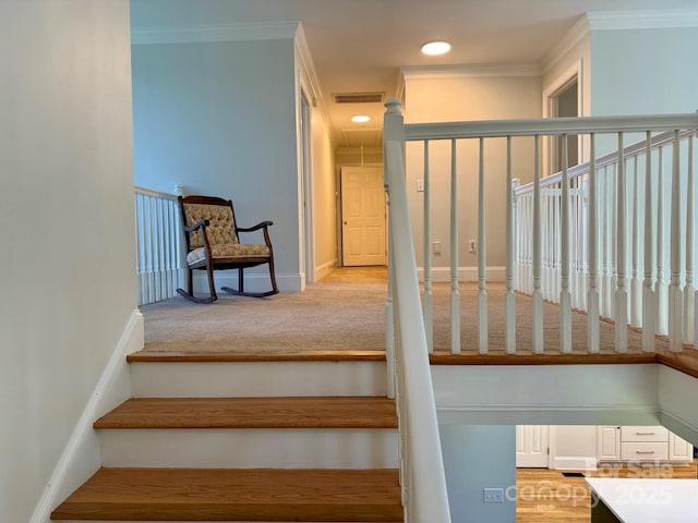 4230 Berry Hill Ct, Concord, NC 28025 - stairway featuring ornamental molding, carpet floors, and recessed lighting