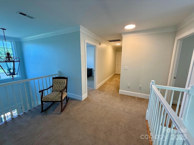 4230 Berry Hill Ct, Concord, NC 28025 - corridor with an upstairs landing, a chandelier, crown molding, and carpet floors