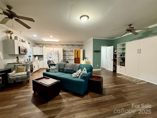 4230 Berry Hill Ct, Concord, NC 28025 - living area featuring ceiling fan, crown molding, dark wood-style floors, and recessed lighting