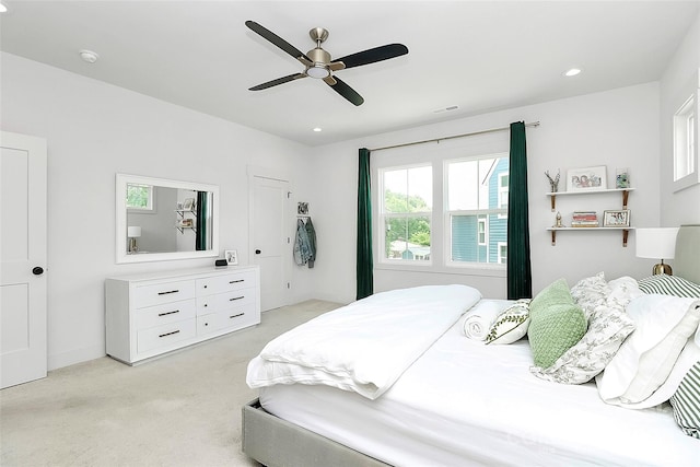 2600 Palm Ave, Charlotte, NC 28205 - bedroom with light colored carpet, ceiling fan, and recessed lighting