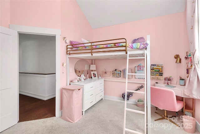 2600 Palm Ave, Charlotte, NC 28205 - bedroom with lofted ceiling, light colored carpet, an office area, and baseboards