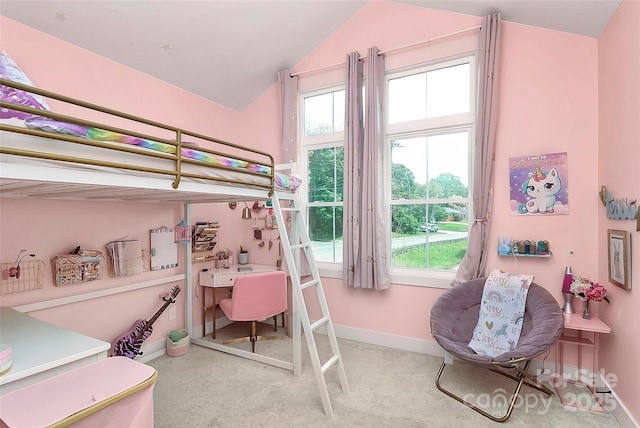 2600 Palm Ave, Charlotte, NC 28205 - bedroom featuring a desk, vaulted ceiling, carpet flooring, and baseboards