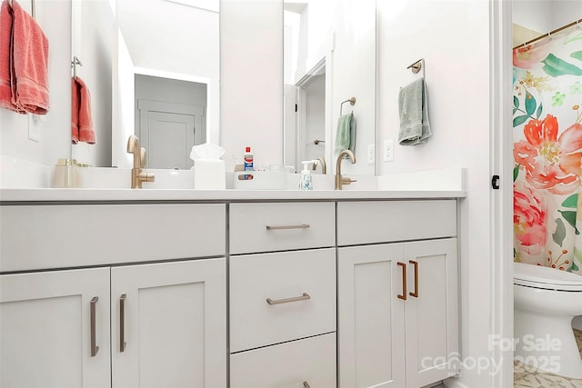 2600 Palm Ave, Charlotte, NC 28205 - bathroom featuring double vanity, toilet, and curtained shower